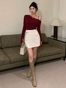 DAZY 女式修身斜肩长袖露肩毛衣秋季 - 紅色 - 查看 6