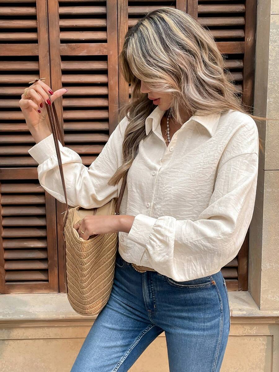 SHEIN Frenchy Women's Solid Color Casual Simple Stylish Shirt, For Everyday Wear, A Must-Have For Autumn And Winter, Lapel Long Sleeve Puff Sleeve Loose Top, Solid Color Cardigan Shirt, Casual And Loose,