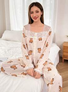 Dream Adore Cute Teddy Bear Print Contrast Lace Women Pajama Set