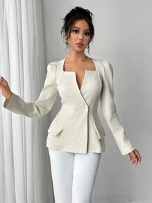 SHEIN Unity Women'S Solid Color Waist Tailored Elegant Long Sleeve Jacket, Suitable For Autumn And Winter Fall Cloth For Women - Beige - View 4
