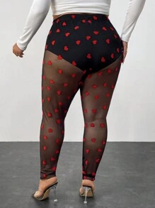 SHEIN CURVE+ Plus Size Women's See Through Heart-Shaped Pattern Tight Leggings, Sexy Valentine's Day Style, Suitable For Dating