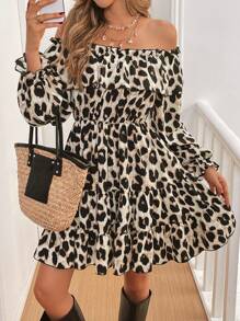SHEIN Essnce Abito corto e mini con maniche lunghe, scollo a spalle scoperte, volant a più strati e stampa leopardata - Multicolore - Visualizzare 8