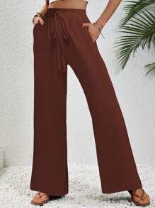 SHEIN LUNE Women's Solid Color Drawstring Pocket Casual Pants, Versatile