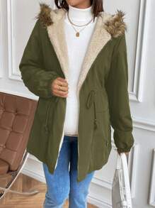 SHEIN Women Padded Coat With Furry Trim Hooded Zipper Front Maternity Jacket, Black Hooded Outerwear - Army Green - View 4