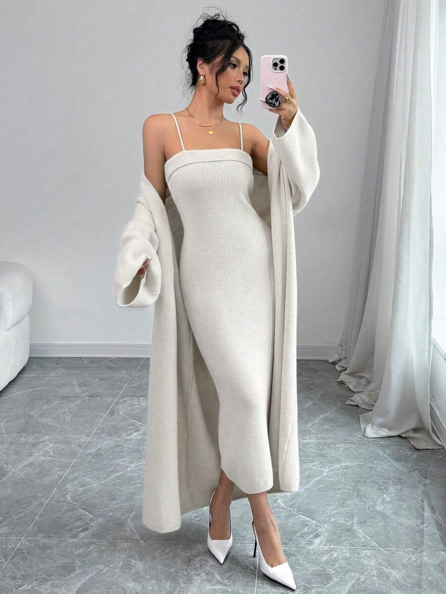 Chiquease 2pcs Loose Long Cardigan And Slip Dress Set - White - View 1
