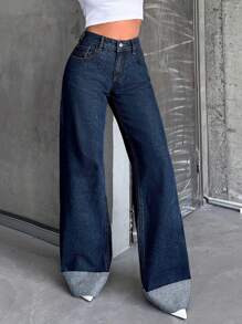 EURMUSE Casual Rolled Up Wide Leg Washed Jeans - Dark Wash - View 4