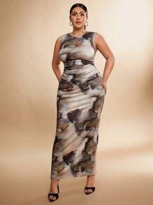 SHEIN BAE 1 Set Plus Size Women Elegant Sleeveless Printed Tank Top And Printed Long Skirt Two-Piece Set, Minimalist Design, Tight Fit, Suitable For Christmas, Fall Season Valentine's Day For Summer