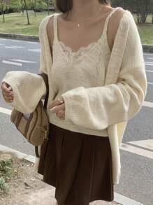 DAZY 2pcs Women Lace Patchwork Tender Knit Cardigan Sweater Jacket Set,Fall Clothes - Apricot - View 6