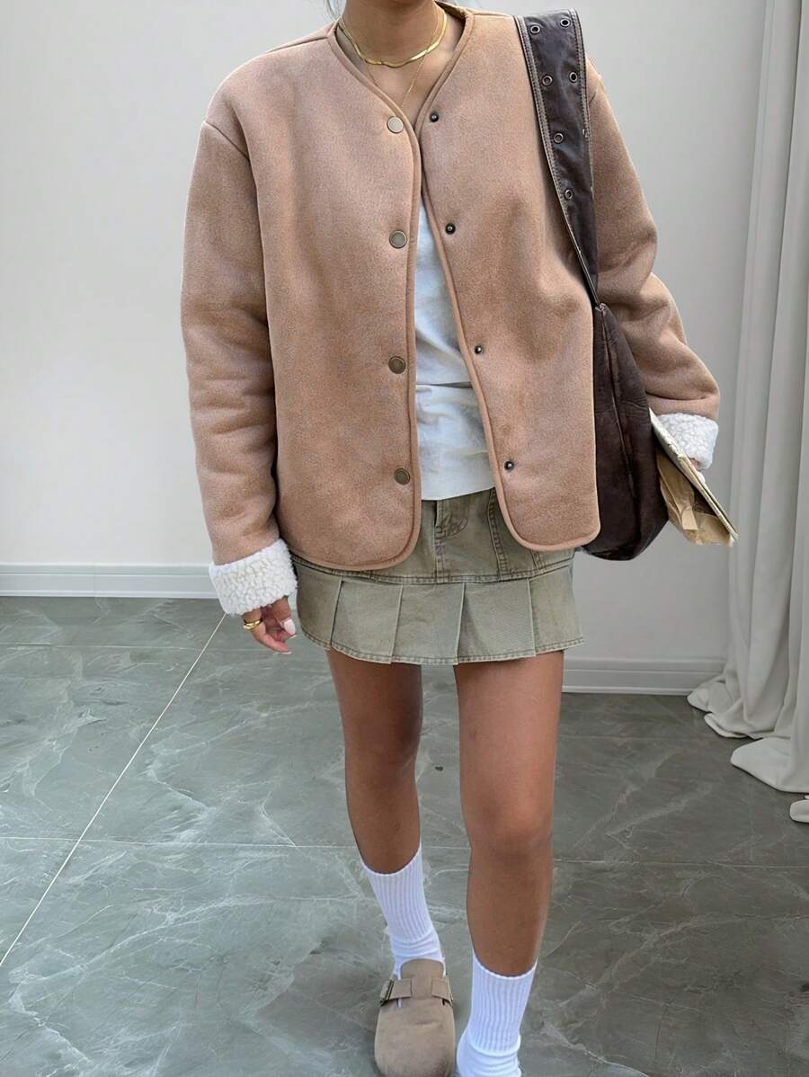 SHEIN EZwear 杏色蓬松女式大衣 - 杏色 - 查看 1