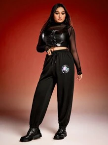 Miraculous Ladybug X SHEIN Pantalones versátiles de talla grande con cintura con cordón, estampado de mariposa y efecto tie-dye en color negro