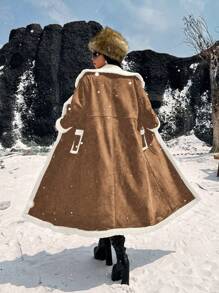 Calvaya Plus Size Autumn/Winter Faux Suede & Thermal Lined Contrast Color Lapel Pocket Long Cardigan, Casual Minimalist Versatile Long Jacket - Brown - View 2