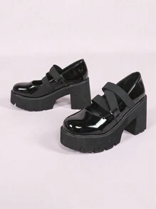 CUCCOO DOLLMOD Women's Simple Black Elastic Band Platform Loafers - Black - View 8