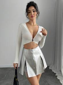 Calvaya Women PU Leather & Contrast Lace Bodycon Mini Skirt