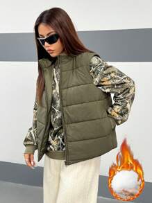 SHEIN EZwear Damen Paar Gleicher Stil/Ausgehen/Grundlagen Corta Vento Thermisch Gefüttert Warm Halten Reißverschluss Blousy Gesteppte Weste in Grün - Armeegrün - Übersicht 5