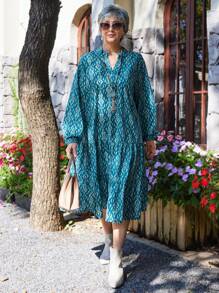 EMERY ROSE 大码女式全身印花 V 领灯笼袖宽松奶奶裙，女士冬装 - 藍白色 - 查看 3