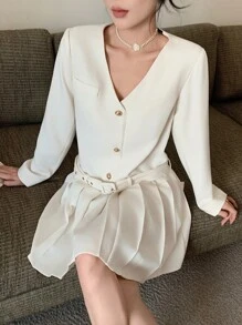 DAZY 女式纯色前开扣长袖褶皱休闲连衣裙，秋季连衣裙 - 米色 - 查看 6