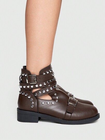 Grunge Punk European And American Brown Leather Boots With Cross Straps, Belt Buckle, Rivets, Gothic, Punk, Street Cool Motorcycle Boots, Ankle Boots & Short Boots For Women For Christmas And New Year Holiday Vibe Fall And Winter