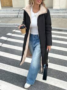 SHEIN Frenchy Women's Contrast Color Casual Zippered Long Sleeves Lined Teddy Padded Long Coat, Winter,Warmth Quilted Long Coat,Winter Clothes,Barn Jacket,Casual Everyday Wear,Commute,Minimalist - Black and White - View 7