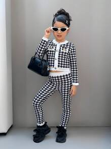 Young Girl 2 Pieces Urban Plaid Pattern Long Sleeve Cardigan Jacket And Long Pants Set - Pink - View 2