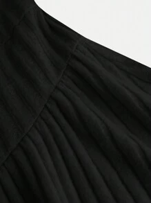 SHEIN Leap Crew Gaun NovaGlow untuk Remaja Perempuan, Warna Polos, Rajut Bergaris, Model Mengembang, Lengan Panjang, Leher Persegi, Model A-Line - Hitam - View 4