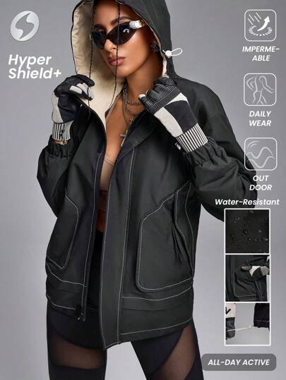 Innovista Chaqueta impermeable con cremallera y cordón para mujer, chaqueta ligera para exteriores, motorista y correr, juegos de ropa a juego para entrenamiento y uso casual diario, senderismo y deportes, camping, sudadera con capucha negra con cremallera, chaqueta de invierno para mujer, conjunto de ropa de invierno para mujer, ropa de invierno para mujer