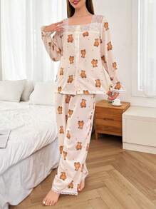 Dream Adore Cute Teddy Bear Print Contrast Lace Women Pajama Set