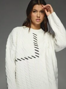 MISSGUIDED Oversized Cable Knit Jumper With Contrast Patchwork Design Autumn Winter Cozy Pullover Sweater Christmas Holiday Knitwear - Multicolor - View 3