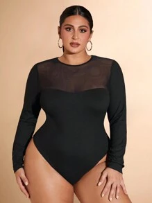 SHEIN BAE Plus Size Women's Autumn And Winter Mesh Splicing Knitted Neckline Slightly Transparent Long Sleeve Bodysuit,Women's Autumn And Winter Fashionable Black Corset With Cup Details Bra Spliced ​​Mesh Sleeves Outing Top Black Top Shirt Sexy See-Through Long-Sleeved Sleeves, Super Versatile,Thanksgiving, Christmas, New Year,Birthday, Outing,Hot,Bodysuit, Minimalist