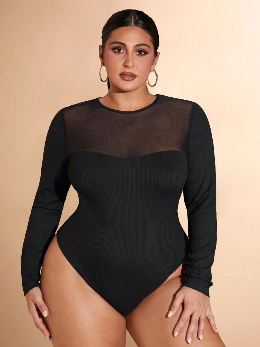SHEIN BAE Plus Size Women's Autumn And Winter Mesh Splicing Knitted Neckline Slightly Transparent Long Sleeve Bodysuit,Women's Autumn And Winter Fashionable Black Corset With Cup Details Bra Spliced ​​Mesh Sleeves Outing Top Black Top Shirt Sexy See-Through Long-Sleeved Sleeves, Super Versatile,Thanksgiving, Christmas, New Year,Birthday, Outing,Hot,Bodysuit, Minimalist
