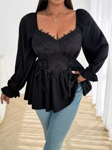 Flirla 大码女式甜心领荷叶边长袖系腰蝴蝶结装饰提花拼接休闲衬衫荷叶边上衣 - 黑色 - 查看 6