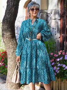 EMERY ROSE 大码女式全身印花 V 领灯笼袖宽松奶奶裙，女士冬装 - 藍白色 - 查看 4