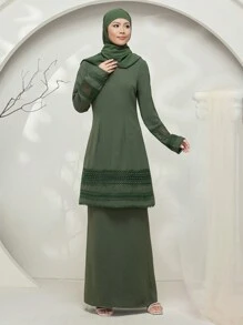 Graceveil Baju Kurung 纯色立领系带宽松简约时尚休闲日常服装适中 - 橄欖綠 - 查看 7