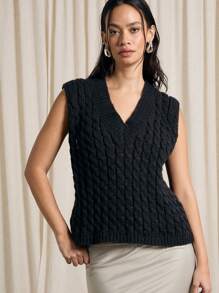 AiiRZ Designer Cable Knit Sweater Vest Wool Blend V-Neck Longline Winter Layering Autumn Fashion Preppy Style