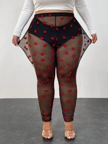 SHEIN CURVE+ Plus Size Women's See Through Heart-Shaped Pattern Tight Leggings, Sexy Valentine's Day Style, Suitable For Dating