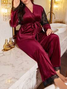 Plus Size Velvet And Lace Wrap-Around Long Sleeve Pajama Set - Burgundy - View 1