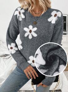 SHEIN LUNE Women's Casual Fluffy Floral Pattern Round Neck Drop Shoulder Long Sleeve Knitted Pullover Sweater, Autumn/Winter - Grey - View 1