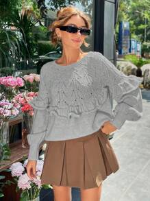 EURMUSE Women's Solid Color Ruffled Jacquard Pullover Sweater, Long Sleeve, Autumn/Winter - Light Grey - View 4