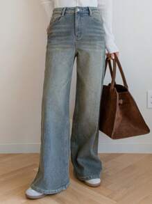 Dazy-Less 复古水洗拼布休闲阔腿牛仔裤女秋装商务休闲女式工作服