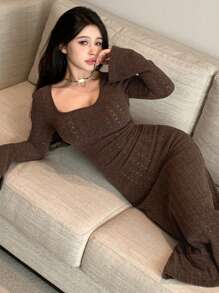 DAZY Women's Solid Round Neck Ribbed Knitted Long Sleeve Elegant Sweater Dress