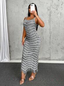 Zolique Đầm len dệt kim dài không tay cổ chữ V bó sát gợi cảm thời trang mới cho tiệc năm mới câu lạc bộ trang phục ngày lễ phụ nữ - Xám - Xem 5