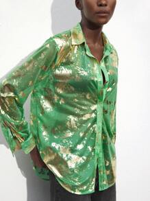 Maija 女士春夏烫金印花长袖优雅办公室衬衫宽松衬衫亮片金色上衣浪漫、时尚、百搭、适合夏季度假、舒适、波西米亚风格、沙滩装