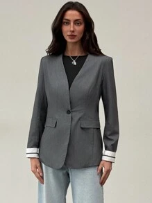 Aloruh Women Front Button Long Sleeve Pocket Simple Blazer, Casual For Daily Wear