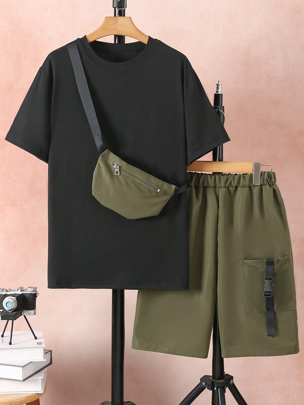 SHEIN Explorewe 2pcs/Set Teen Boys' Summer Casual Round Neck Tee & Sling Bag & Outdoor Sports Shorts Outfit