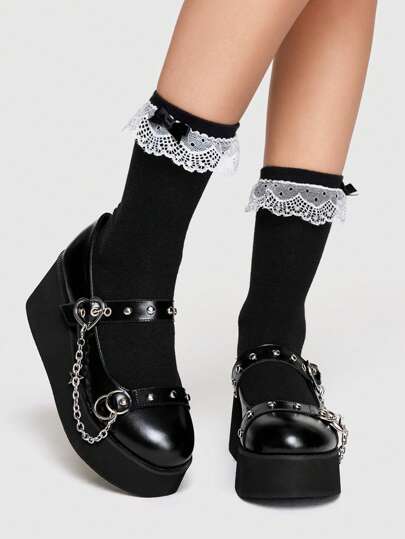 Kawaii Zapatos de plataforma y suela gruesa para mujer, con estilo punk, cadena de hierro, punta redonda, zapatos de cuña de suela gruesa, hebilla de cinturón con remaches, tacones altos para Año Nuevo y fiestas