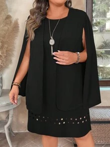 Plus Size Solid Color Round Neck Casual Suit, Everyday Wear - Black - View 4