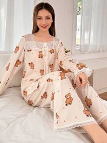 Dream Adore Cute Teddy Bear Print Contrast Lace Women Pajama Set