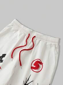 ROMWE MEN Street Life Pantalones con cordón, bolsillo y gráfico con letras y retrato para hombres - Blanco - Ver 4