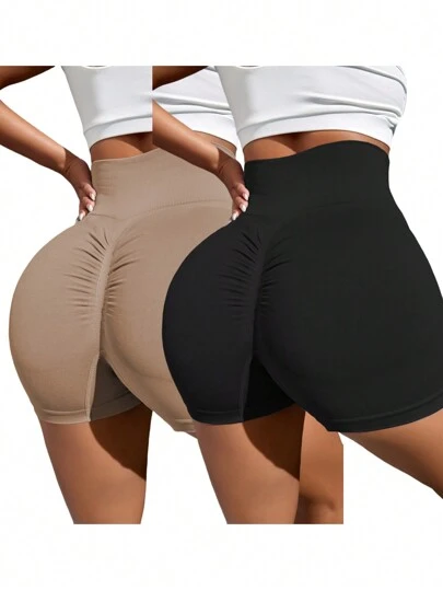 Easithlete 2 piezas/paquete Pantalones cortos de trabajo sin costuras de cintura alta con arrugas, pantalones cortos de sudor, pantalones cortos de gimnasia, pantalones cortos de ciclista para mujer