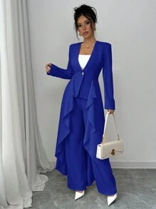 Elenzga Women's Waist Tailored Suit With Ruffled Hem, Elegant & Romantic