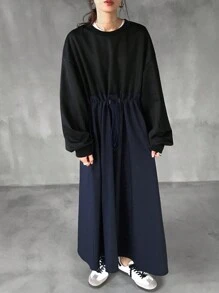 FRIFUL Women's Lace Patchwork Mid-Calf Plain Color Dress - Black - View 2